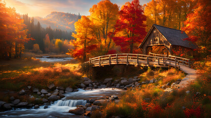 Cozy Autumn Landscape with Golden Hour River and Rustic Cabin &ndash; Seasonal Tranquility