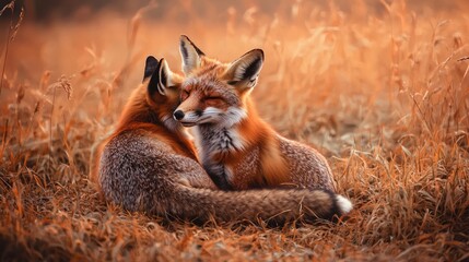 Obraz premium Pair Of Red Foxes In A Field