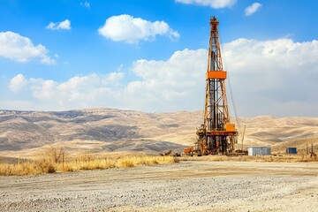Obraz premium A drilling rig on an oil field, surrounded by barren land and sparse vegetation. The rig is in the midst of a remote location