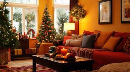 Cozy Christmas Living Room with Decorated Tree and Warm Lighting
