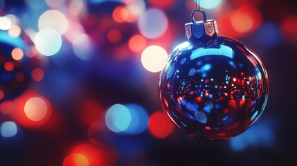 Shimmering blue Christmas bauble with festive lights