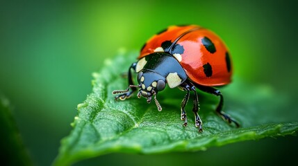 Fototapeta premium Close-up macro photo of ladybug. Animal day, National wildlife day