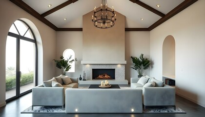 Sofa against fireplace in room with arch window and ceiling. Mediterranean interior design of modern living room.