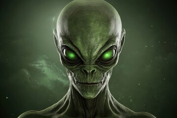 Alien creature with glowing green eyes on cosmic background