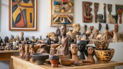 Wooden Sculptures and Pottery Displayed in an Artist's Studio