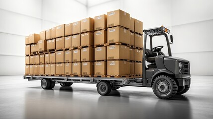 Truck loaded with stacked cardboard boxes in a spacious, modern warehouse