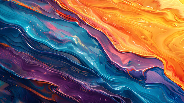 Immerse yourself in the lively world of abstract fluid art where warm oranges and cool blues blend dynamically. Ideal for artistic projects and backgrounds, full of creativity and vibrancy