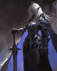 Obraz premium drow warrior in dark armor with a towering stance holding a massive sword in a shadowy environment
