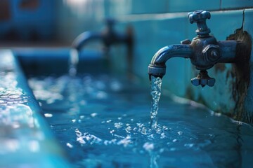 Blue Flowing Water Faucet in Stainless Steel Close-Up - Home Bathroom Equipment