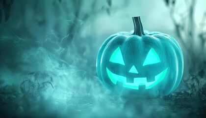 Soft-focus haunted woods with a glowing teal pumpkin, perfect for festive Halloween designs.