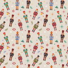 Seamless Christmas Pattern with Nutcrackers in Vector on beige.