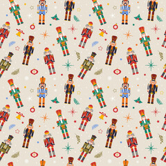 Seamless Christmas Pattern with Nutcrackers on beige.