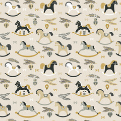 Christmas pattern with childish rocking horses on beige background. Pine branch. Holiday design for...