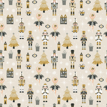Seamless Christmas Pattern with Nutcrackers ballerina   on beige.