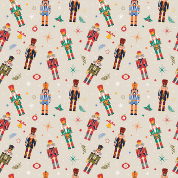 Seamless Christmas Pattern with Nutcrackers in Vector on beige.