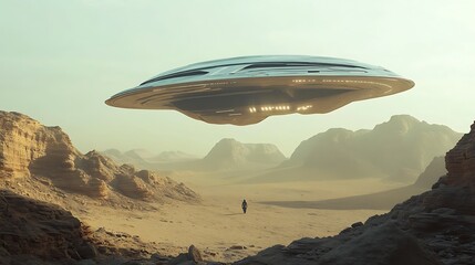 Alien Spacecraft Hovering Above Eerie Desert Landscape