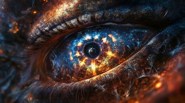 Enigmatic Alien Eye with Cosmic Brilliance - Close-up of Extraterrestrial Orb with Intricate Patterns and Deep Intelligence, Reflecting Distant Stars' Light