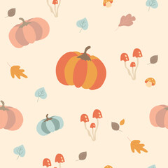 Сute pattern with pumpkins, leaves and mushrooms, autumn seamless textile print, harvest festival