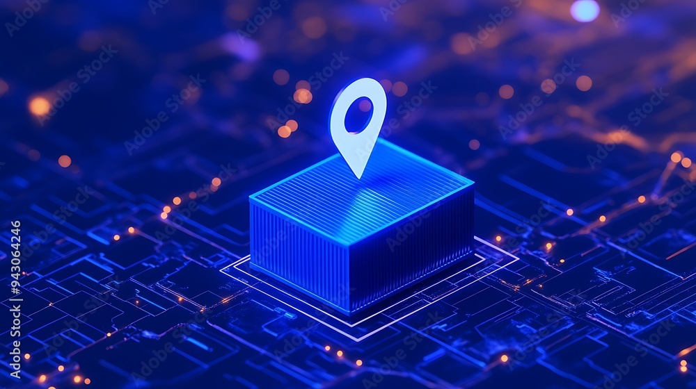 Poster a digital representation of a navigation system with a glowing location pin on a futuristic blue map