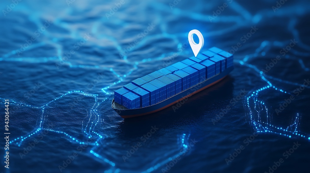 Aufkleber abstract concept of global shipping with gps tracking on a container ship on a digital ocean backgro
