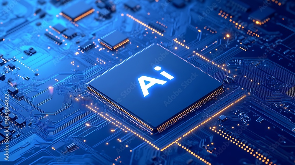 Poster close-up of a futuristic ai microchip glowing on a motherboard, representing advanced artificial int