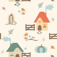 Cute pattern with houses and pumpkins, autumn seamless textile print