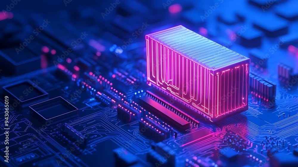 Poster close-up of a neon-lit microchip on a circuit board, highlighting modern technology, computing, and 