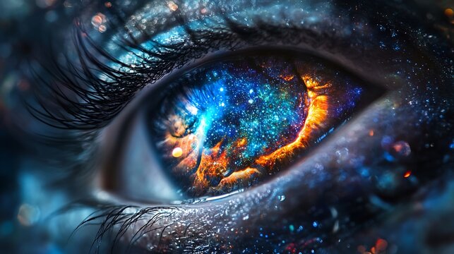 Alien Eye with Intricate Patterns and Glowing Colors Reflecting Starlight, Evoking Deep Intelligence and Otherworldly Wisdom