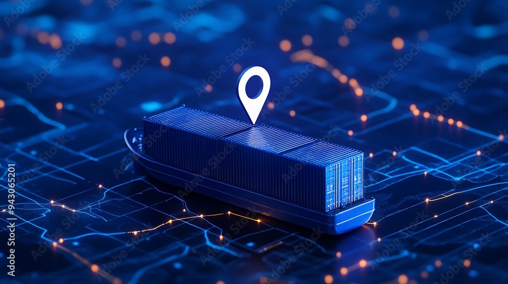 Poster container ship with map and gps pin highlighting modern logistics and tracking technology on a digit