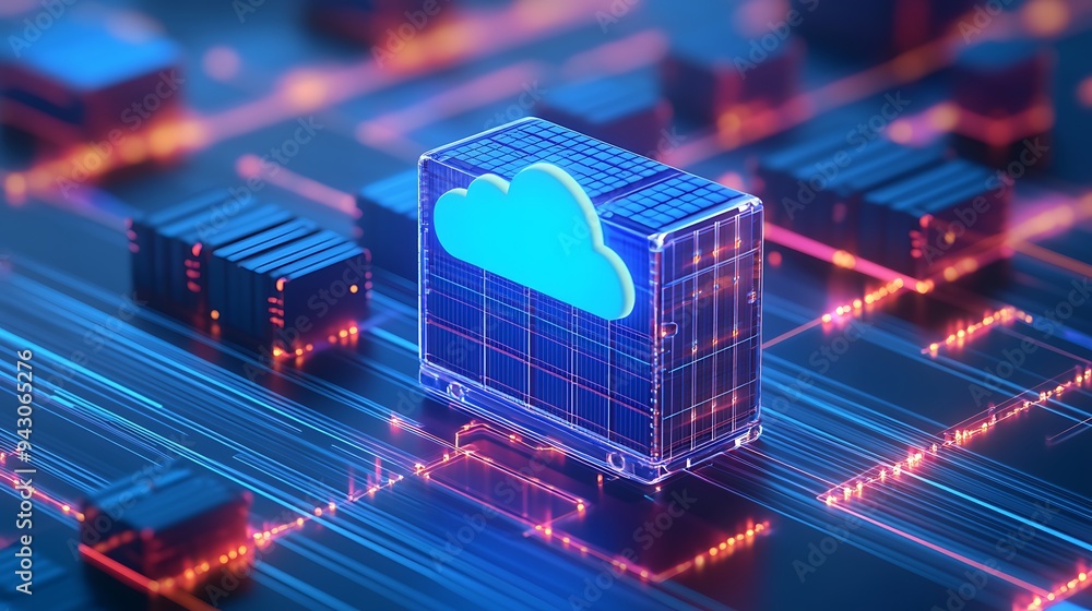 Aufkleber digital cloud storage concept with futuristic server and glowing blue cloud icon on a circuit board,