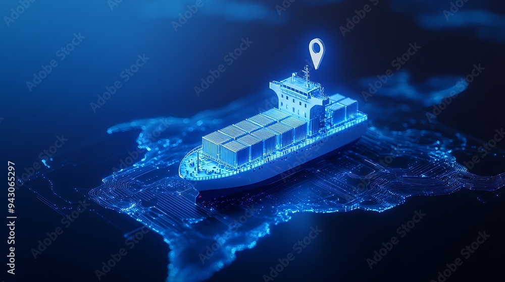 Poster digital concept image of a cargo ship using gps technology for navigation and tracking. futuristic m