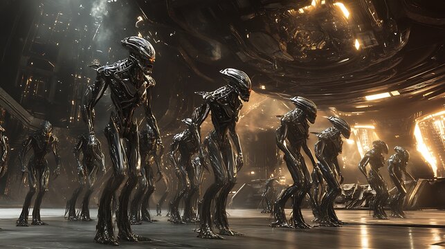 Alien Encounter: Futuristic Biomechanical Extraterrestrials and Massive Spaceship