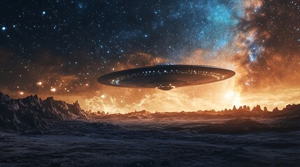 Obraz premium Extraterrestrial Encounter: Alien Spaceship Landing on Barren Rocky Planet at Night