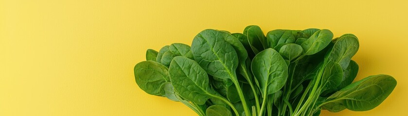 Obraz premium Fresh spinach leaves arranged on a vibrant yellow background, showcasing their rich green color and healthy appeal.