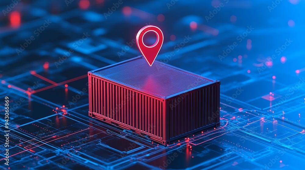 Poster digital logistics concept with a glowing location marker on a shipping container representing shipme