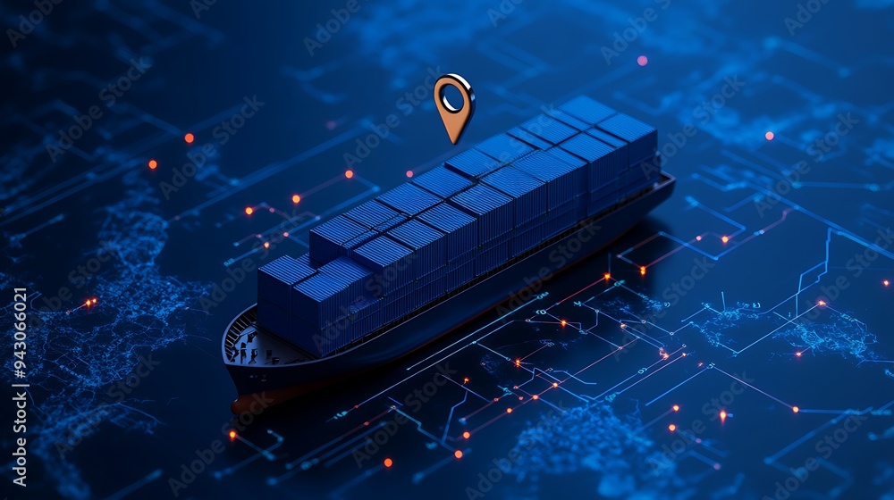 Aufkleber digital rendering of a cargo ship with a gps marker, emphasizing global shipping logistics and techn
