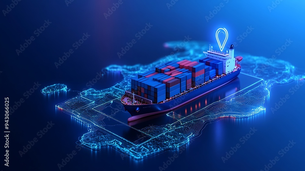 Poster digital representation of a cargo ship navigating through global routes with advanced gps technology