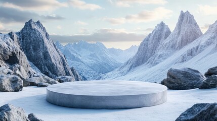 Scenic Mountain Pass with Circular Podium: Ideal for Travel and Adventure Branding