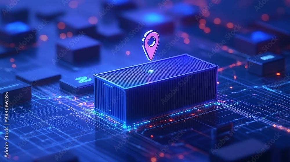 Poster digital representation of a futuristic logistics and supply chain concept with a location marker ove
