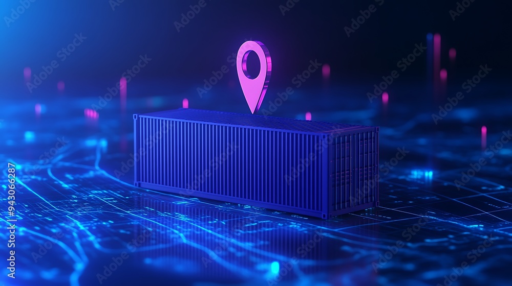 Poster digital representation of a shipping container with a location pin, symbolizing freight tracking and