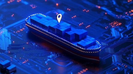 Digital representation of a cargo ship with GPS tracking, highlighting modern logistics and technology integration in shipping.