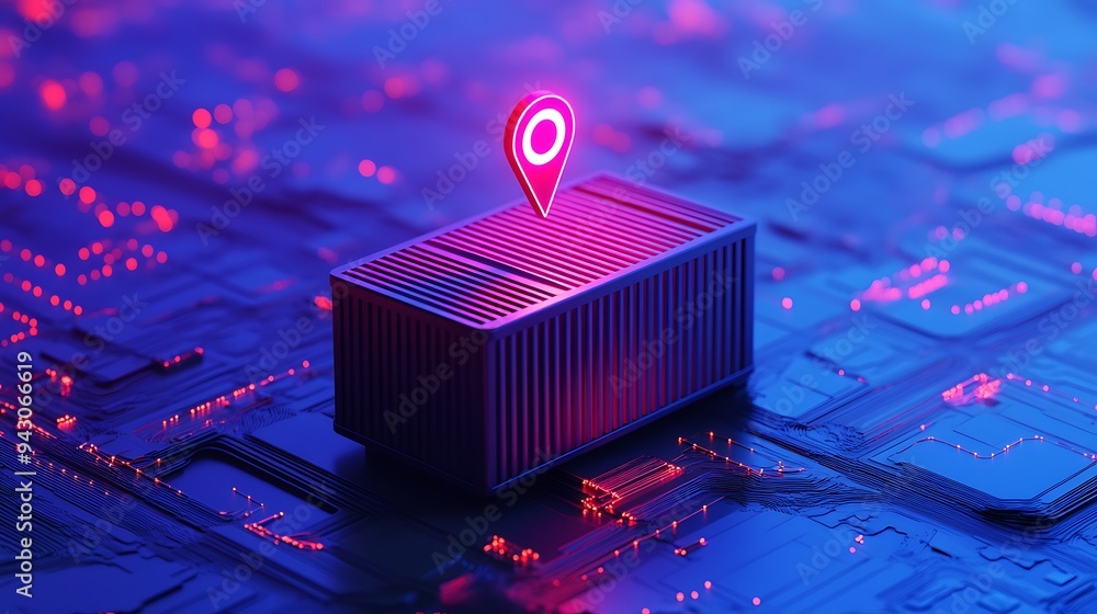 Poster digital representation of global logistics with a cargo container and a gps pin on a futuristic circ