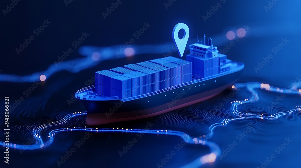 Poster digital representation of container ship with gps pin, symbolizing modern logistics and navigation t