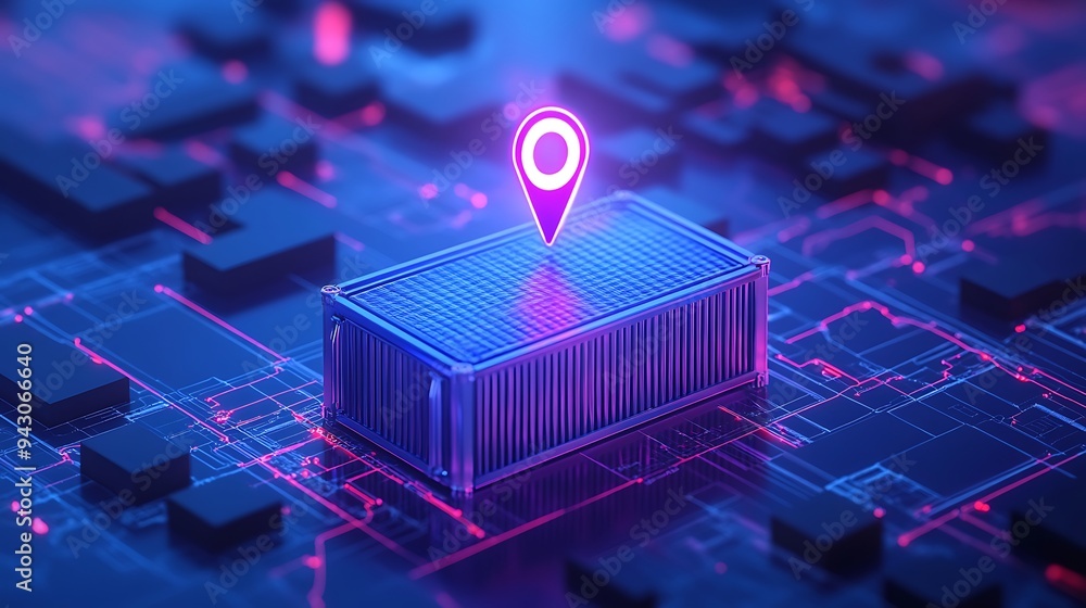 Poster digital shipping container with neon location pin on a futuristic blue grid. represents technology i