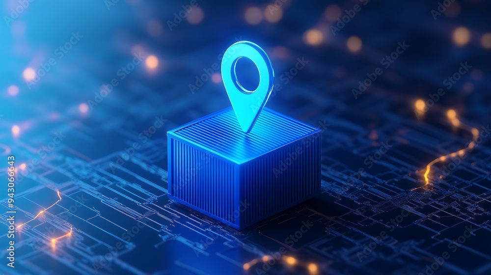 Poster futuristic 3d illustration of a gps location marker on a digital map background with glowing circuit