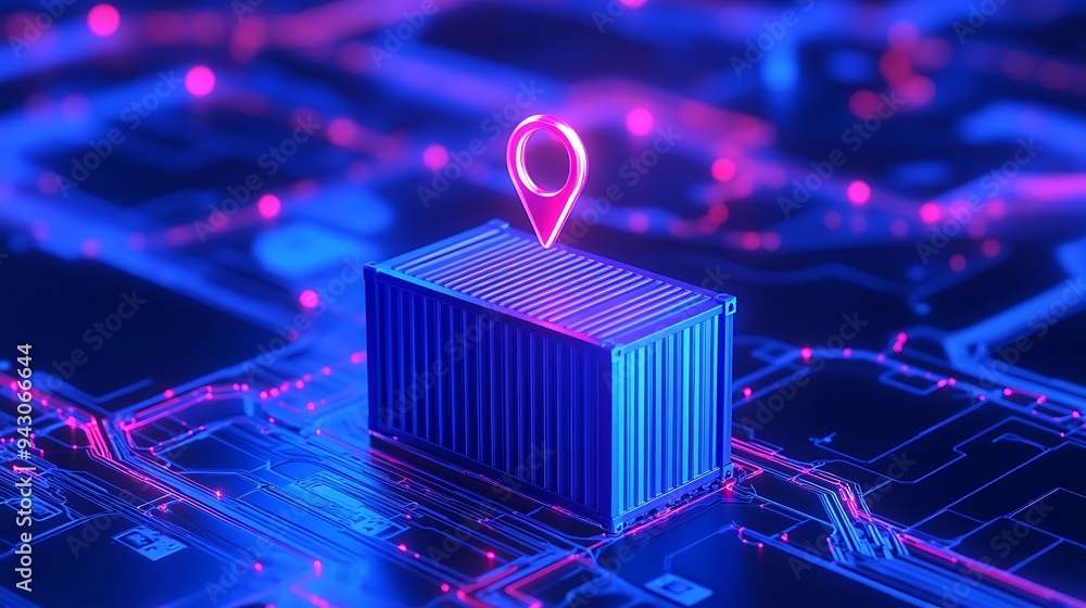 Poster digital representation of logistics with a neon-glowing container and gps pin on a futuristic circui