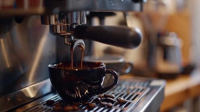 Gorgious Talanted barista is prepairing coffee for clients at posh restaurant using coffee machine.