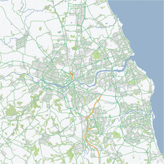 Road map of Newcastle in United Kingdom. Contains layered vector with roads water, parks, etc.