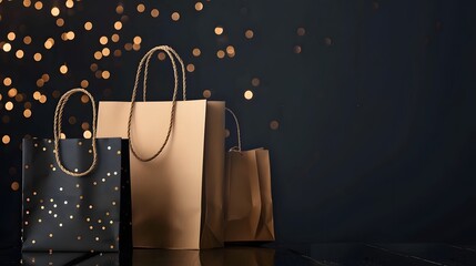 Three elegant black gift boxes with gold bows and snowflakes on a solid black background