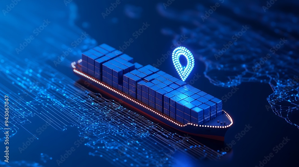 Poster futuristic cargo ship with digital map overlay and location pin representing global shipping and log
